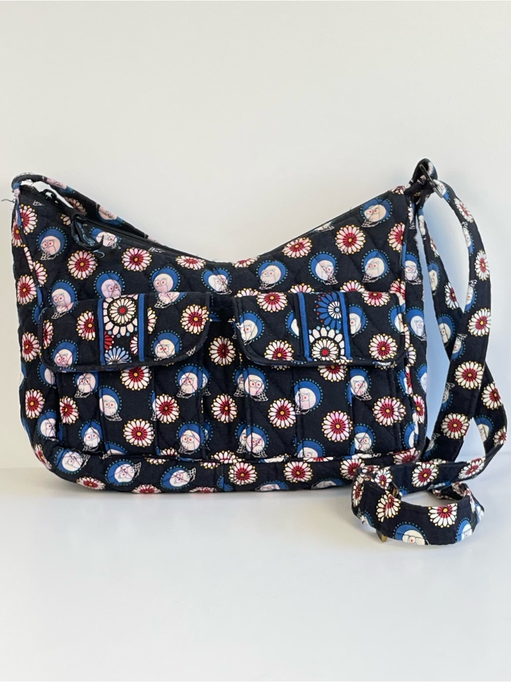 Vera Bradley  Night Owl Libby Black Crossbody with Blue, White, Red
